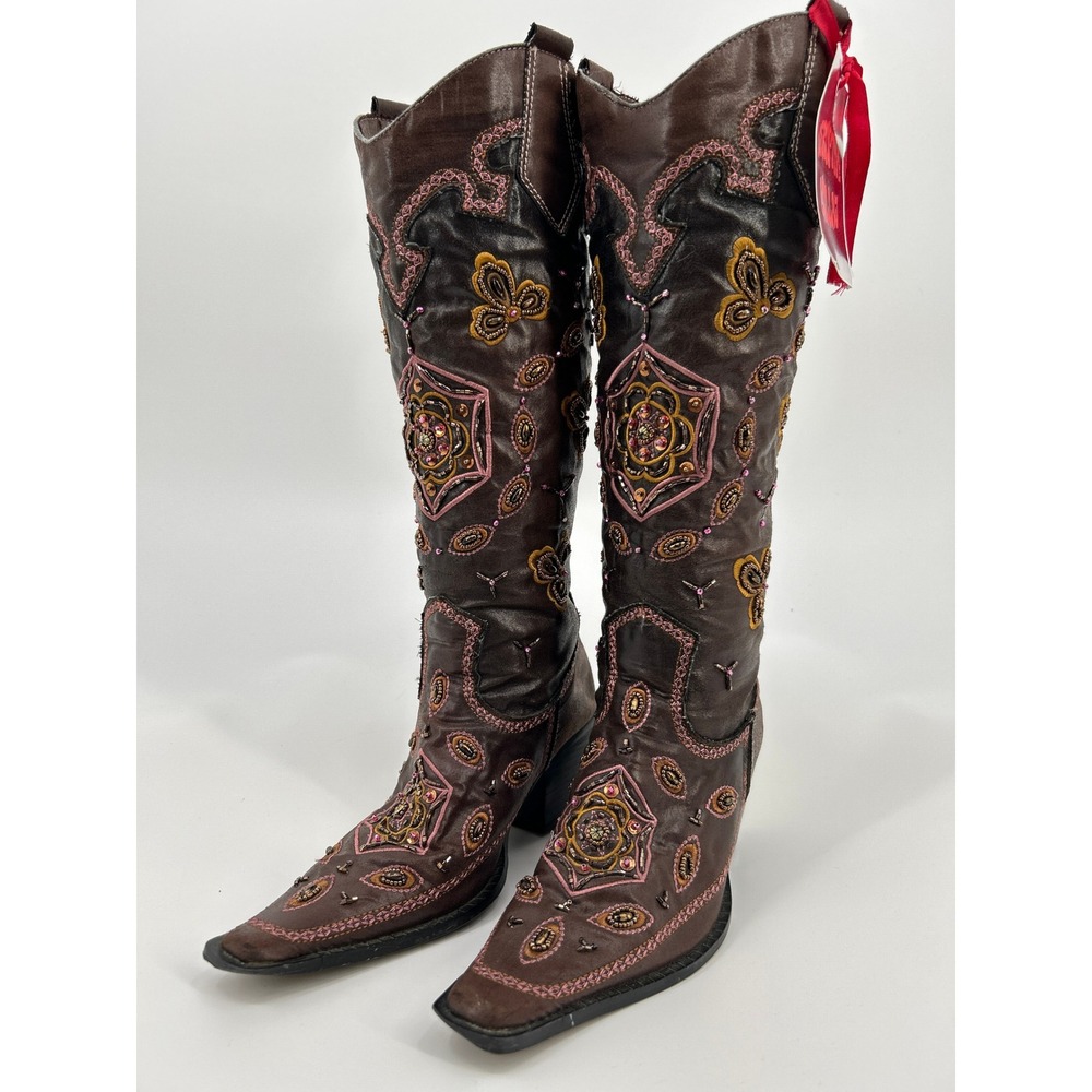 Vintage Beaded Embroidered Western Boots Brown Pointed Toe Tall Cowgirl Size 6